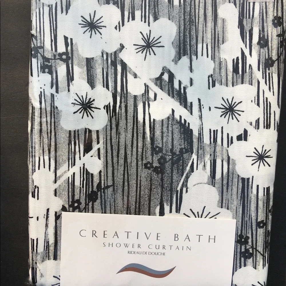 Floral Shower Curtain Black White Blossoms 72” x 72” Creative Bath Products New
